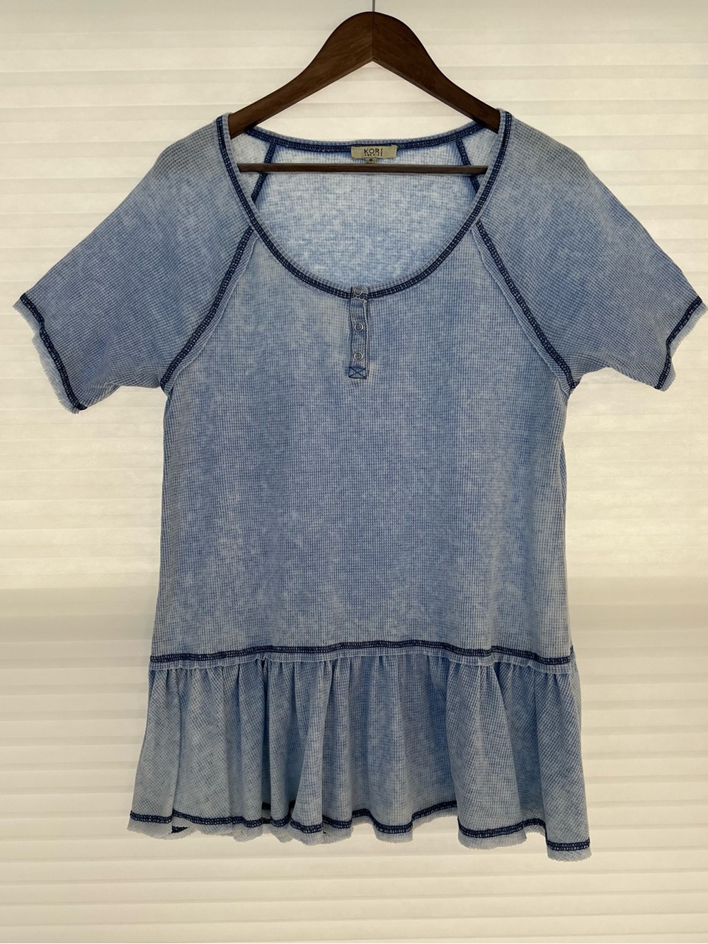 Kori America Mineral Wash Henley Top Medium Blue Waffle Knit Ruffle Hem Boho